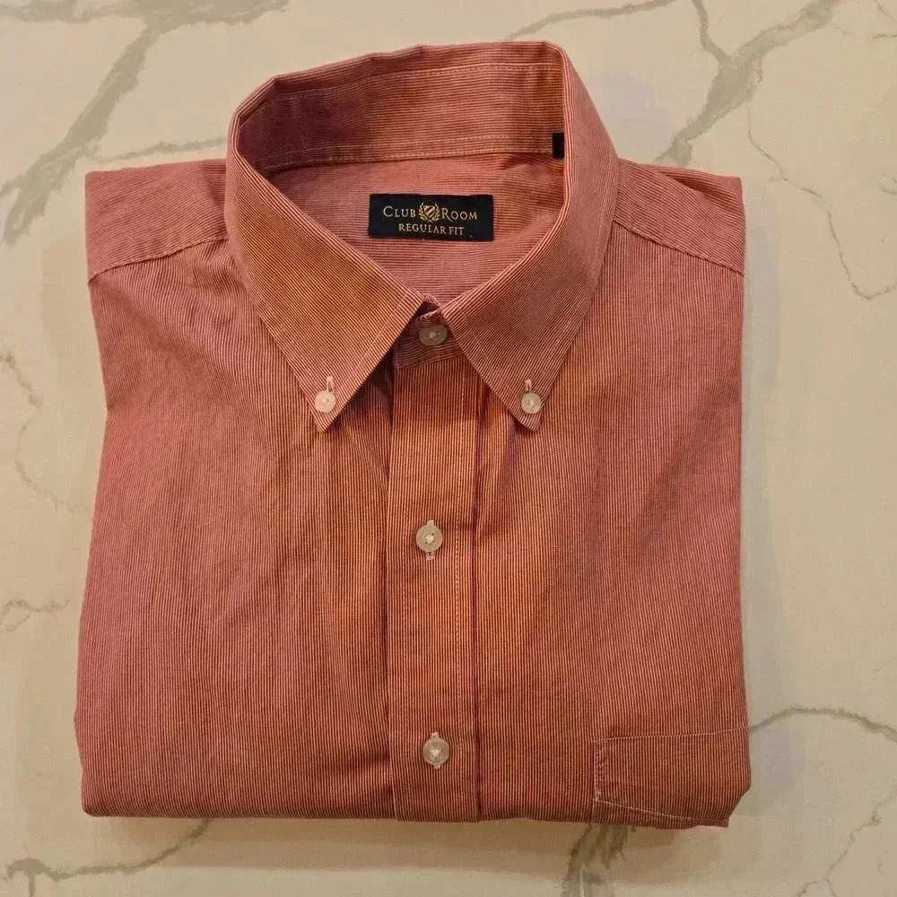 Club Room Mens Cotton Striped Long Sleeve Button Down Red Size 16.5